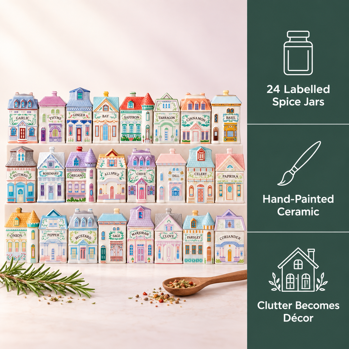 Voxerra Spice Village - 24-Piece Hand-Painted Ceramic Spice Jar Set