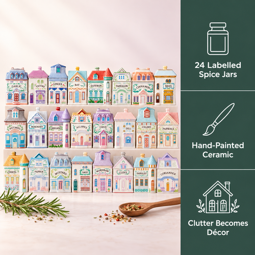 Voxerra Spice Village - 24-Piece Hand-Painted Ceramic Spice Jar Set