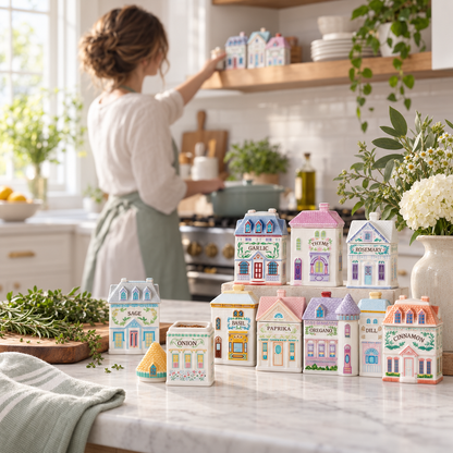 Voxerra Spice Village - 24-Piece Hand-Painted Ceramic Spice Jar Set