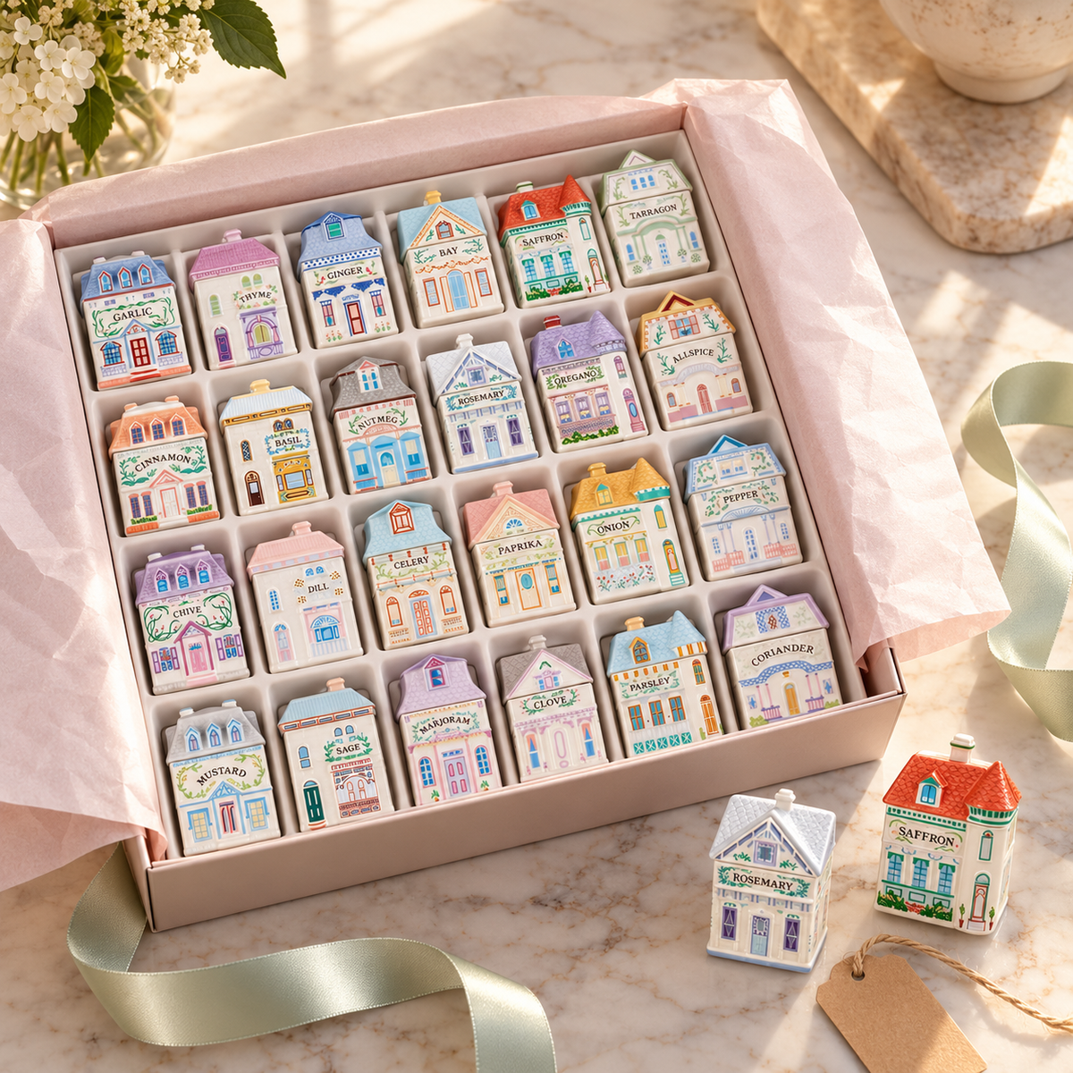 Voxerra Spice Village - 24-Piece Hand-Painted Ceramic Spice Jar Set